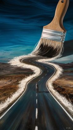 a painting of a road with a paintbrush on top of it that is being used as a backdrop