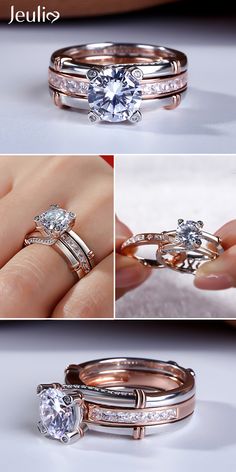 three different views of wedding rings with diamonds