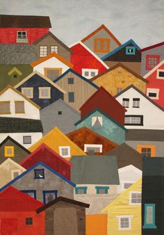 a painting of many houses in different colors