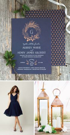 the wedding stationery is blue and gold