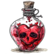 a drawing of a heart in a glass bottle with a skull on the top and inside