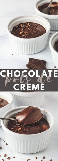 chocolate creme in small white dishes with spoons on the side and text overlay that reads, chocolate creme