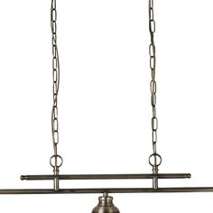 an old fashioned metal light fixture hanging from a chain with two lights on each side