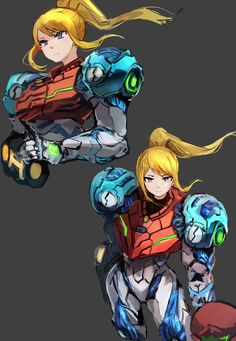 two anime characters, one with long blonde hair and the other with blue eyes wearing armor