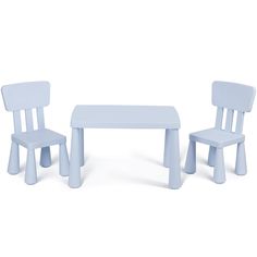 two children's plastic chairs and a table with one child's wooden chair