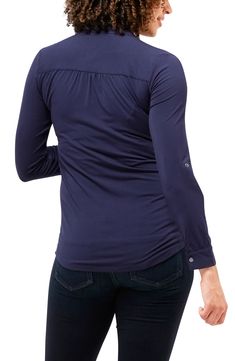 A casual blouse styled for a layered look provides convenient nursing access and ideal comfort in a stretch-jersey construction. Includes an inner modesty layer for added nursing functionality. 28" length (size Small) Split neck with three-snap placket Long sleeves with roll-tab cuffs Shirttail hem 95% rayon, 5% spandex Machine wash, dry flat Imported Long Sleeve Stretch Top With Upf 50+, Upf 50+ Stretch Long Sleeve Top, Versatile Stretch Blouse For Layering, Fitted Cotton Nursing-friendly Tops, Fitted Nursing Friendly Cotton Top, 4-way Stretch Tops For Everyday, Versatile Shirttail Hem Top For Workwear, Versatile Top With Shirttail Hem For Workwear, Versatile Foldover Top For Layering