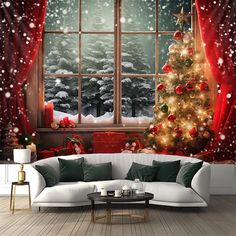 a living room with a christmas tree outside the window