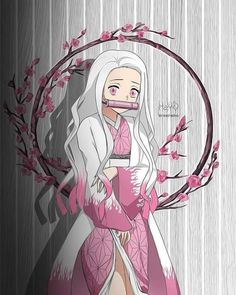 an anime character with long white hair and pink dress standing in front of a tree