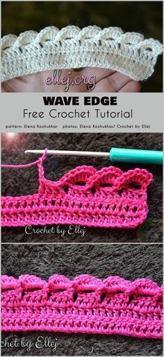 the crochet wave edge is shown in pink and white, with two rows of yarn