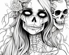 a woman with flowers in her hair and two skulls on her head, both wearing skeleton makeup