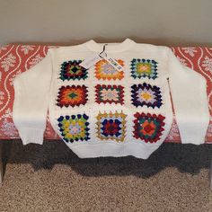 Nwt Crochet Patterned Sweater Small Excellent Condition One Size White Crochet Sweater, Fitted Sweater With Crochet Trim For Fall, Fitted Fall Sweater With Crochet Trim, Fall Knit Sweater With Crochet Trim, Fall Crochet Crew Neck Top With Crochet Trim, Fall Crochet Trim Crew Neck Top, White Knitted Acrylic Sweater, Fall Crochet Top With Crew Neck And Crochet Trim, Fitted Knit Sweater With Crochet Trim