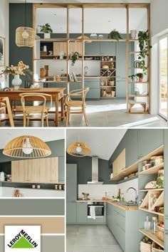 the kitchen is decorated in shades of green and beige, while the dining room has been painted