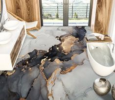 a bathroom with marble flooring and wooden walls