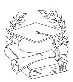 a black and white drawing of a graduation cap, tassel, and diploma on top of a pile of books