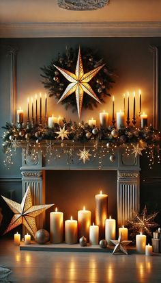 a fireplace with candles and christmas decorations around it, including a star on the mantle