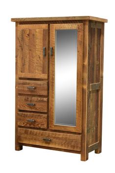 a wooden armoire with mirrored door and drawers