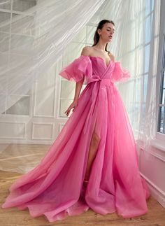 Azalea Organza Gown Spring Evening Ball Gown In Organza, Spring Evening Organza Ball Gown, Pink Tulle Ball Gown Evening Dress, Pink Ball Gown Evening Dress With Sweep Train, Pink Ball Gown For Bridesmaids, Pink Bridesmaid Ball Gown Evening Dress, Pink Floor-length Ball Gown For Spring, Pink Floor-length Ball Gown For Prom Season, Pink Tulle Dress With Sweep Train