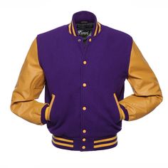 Vibrant Purple Varsity Wool College Jacket with Golden Sleeves Description: Step up your style game with our Purple Wool Letterman Varsity College Jacket! Featuring a premium Melton wool body and luxurious gold leather sleeves, this jacket blends classic charm with modern elegance. The knitted collar, cuffs, and waist provide a snug fit, while the snap button closure and front zipper ensure practicality. Key Features: Premium wool body & genuine cow leather sleeves Classic knit collar, cuffs, an Lakers Jacket, Nba Jacket, Leather Sleeve Jacket, Kobe Bryant Black Mamba, Leather Varsity Jackets, Varsity Letterman Jackets, College Jackets, Baseball Varsity Jacket, Leather Sleeves