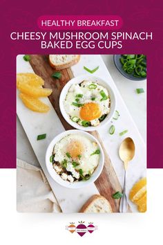 healthy breakfast cheesy mushroom spinach baked egg cups on a cutting board with orange slices