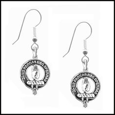 CLAN CREST EARRINGS Your proud Scottish Clan heritage can be displayed by wearing beautiful Clan crest earrings. Each pair of earrings are exquisitely handcrafted in high detail in your choice of lead free pewter, sterling silver or karat gold. The Clan Crest is 11/16" (19.5mm) in diameter. Your Clan crest is surrounded by a detailed belt and buckle design upon which is inscribed your Clan motto in raised relief lettering. In ancient times, the chief of the Clan presented to his Clansmen his cre Classic Engraved Silver Earrings, Antique Silver Engraved Earrings Gift, Antique Silver Pewter Earrings For Gift, Antique Silver Engraved Earrings For Gift, Nickel Free Round Pewter Jewelry, Silver Pewter Earrings As Gift, Silver Pewter Earrings For Gift, Classic Engraved Drop Earrings, Classic Earrings With Oxidized Finish