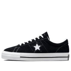 Known for decades as part of the Converse family, the One Star Low 'Black White' sneaker provides a classic style with modern performance features. Originally releasing in 1974, this timeless design is now proudly reincarnated with improved comfort, versatility, and durability. Its low profile and rubber-backed suede upper give maximum flexibility without compromising protection or sturdiness. While looking stylish on city streets, this sneaker also delivers remarkable boardfeel and impact support—making it perfect for skateboarding. With enhanced CONS traction rubber outsole and premium molded CX sockliner, power through new terrain with confidence and grace in these iconic shoes. (SNKR/Retro/Skate/Unisex/Low Top) Classic Custom Sneakers With Speckled Midsole For Streetwear, Converse Skate Shoes With Boost Midsole For Streetwear, Converse Mid-top Sneakers With Logo Patch, Classic Skate Shoes With Logo Patch, Converse Skate Shoes With Gum Sole For Streetwear, Classic Converse Canvas Shoes For Streetwear, Converse Sneakers With Vulcanized Sole For Skateboarding, Converse One Star Black, Iconic Shoes