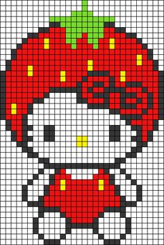 a cross stitch pattern with a hello kitty wearing a strawberry hat