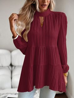 Women's Elegant Solid Color Long Sleeve Blouse Pleated Solid Color Blouse For Fall, Pleated Long Sleeve Top For Work, Chic Long Sleeve Pleated Blouse, Pleated Long Sleeve Blouse, Chic Pleated Long Sleeve Blouse, Pleated Blouse For Fall, Sleeve Blouse, Long Sleeve Blouse, Solid Color