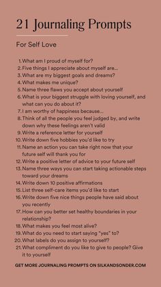 a pink poster with the words,'21 journaling prompts for self love '