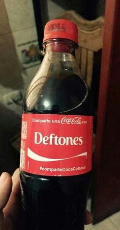 a person holding a bottle of coke in front of a mirror with the caption deftones on it