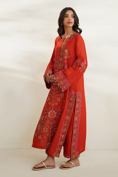 Iva Spring Tunic Sets With Printed Motifs, Summer Tunic Set With Printed Motifs, Spring Long Sleeve Pant Set With Printed Motifs, Embroidered Anarkali Palazzo Set With Long Sleeves, Elegant Summer Palazzo Set With Printed Motifs, Long Sets With Intricate Embroidery For Eid, Unstitched Maxi Kurta With Intricate Embroidery, Traditional Maxi Length Sharara With Floral Embroidery, Spring Designer Wear Straight Kurta Set