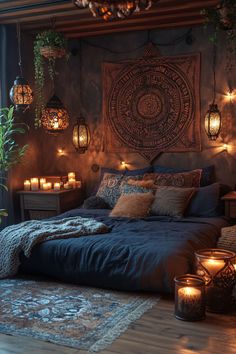 Candles in various sizes adding warmth to a dark boho-styled room. Small Dark Bedroom Ideas Cozy, Bedroom Ideas For Artists, Dark Boho Bedding, Dark Celestial Bedroom, Moody Bohemian, Boho Bedroom With Dark Walls, Bedroom Ideas Nature, Pillow Room Ideas, Bedroom Inspiration Dark