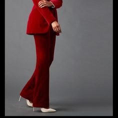 Elite Tahari Red Velvet Pants Style: Leena Pant Color: Redwood Never Been Worn Elegant Burgundy High-waisted Wide Leg Pants, Tailored Red Dress Pants For Formal Occasions, Elegant Tailored Red Dress Pants, Red Elegant Formal Dress Pants, Elegant Fitted Red Dress Pants, Elegant Red Formal Dress Pants, Red Pantsuit With Trousers For Formal Occasions, Fitted Wide Leg Burgundy Pants, Burgundy Fitted Wide Leg Pants