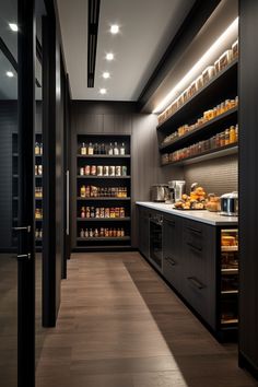 a kitchen with lots of shelves filled with food