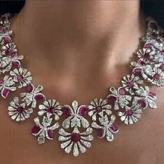 925 Sterling Silver Necklace Her Cubic Zirconia Floral Statement Design Jewelry | eBay Beautiful Diamond Necklace, Western Necklace, Ruby And Diamond Necklace, Bridal Diamond Necklace, Royal Ruby, Indian Wedding Jewelry Sets, Real Diamond Necklace, Neck Pieces Jewelry, Jewellery Design Sketches