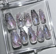 Nail Art Y2k, Nails Silver Glitter, Purple Press On Nails, Art Y2k, Purple Nail Art, Fake Nails Designs, Nails Silver