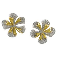 two tone gold and diamond flower earrings