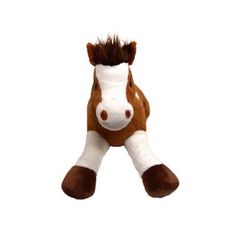 a brown and white stuffed horse laying on its back with it's head turned to the side