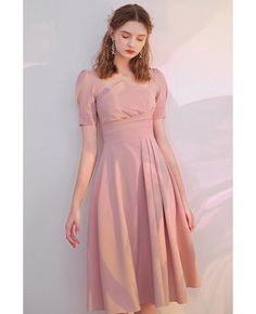 Buy elegant ruffled pink knee length semi party dress with sleeves high quality at affordable price online. Free shipping and pro custom service since 2009. Semi Formal Outfits For Women Parties, Pink Dress Outfit Casual, One Piece Dress Knee Length, Short One Piece Dress, Pink Knee Length Dress, Party Dress With Sleeves, Semi Formal Outfits For Women, Pink Dress Outfits, Chinese Fancy Dress