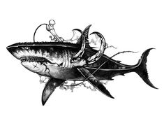 a black and white drawing of a man riding on top of a shark with two swords