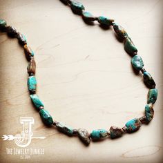 Chunky Beaded Necklace features genuine Natural Turquoise stones. Due to the nature of the stones, they will vary in size and color, as pictured. Mix and match from pieces of the same collection to create your own look. Entire length of necklace is 32 inches, plus the extender chain The necklace can be adjusted with the self-tie closure Beads will range in size from 12-20mm Although your item will resemble the photo, each piece is created by hand, so no two are identical.Thank you for visiting T Adjustable Jasper Jewelry In Turquoise, Adjustable Turquoise Nature-inspired Jewelry, Rustic Jewelry With Natural Stones For Jewelry Making, Rustic Natural Stones For Jewelry Making, Beaded Howlite Turquoise Necklace With Round Beads, Turquoise Jewelry With Round Natural Stone Beads, Turquoise Jasper Jewelry For Jewelry Making, Bohemian Turquoise Polished Beads Jewelry, Turquoise Jasper For Jewelry Making