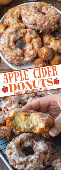 apple cider donuts with cinnamon glaze are on a cooling rack next to an orange sign that says, apples cider donuts