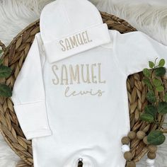 "Personalized Gown Hat Set / Personalized Baby Shower Gift / Baby Coming Home Outfit / Hospital Newborn Photos Prop  This Personalized baby outfit set will make a wonderful, personalized baby gift for proud parents. The outfit is the perfect coming home outfit for the new bundle of joy and will be a cherished family keepsake. ♥FONT PREVIEW TOOL♥ Copy this link in a browser and see which looks best.  bit.ly/3ICIWNh or https://stitchindoodle.com/products/font-preview  ♥RUSH MY ORDER♥ Add this list Fitted Cotton Sets For Coming Home, Cotton Fitted Coming Home Outfit Sets, White Cotton Coming Home Outfit Sets, White Long Sleeve Onesie For Baptism, Fitted White Onesie For Bedtime, Personalized Cotton Onesie For Baptism, Customizable Cotton Sets For Baptism, Personalized Fitted White Sets, Personalized Fitted White Set