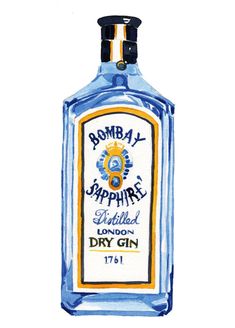 a drawing of a blue bottle with the label bombball sapphire london dry gin on it