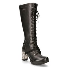 Shop now and  elevate your style with our gothic black metallic leather knee-high boots. these stunning lace-up boots feature a block heel for added comfort and a touch of edgy sophistication. perfect for adding a bold statement to any outfit. Punk Style Leather Knee-high Heeled Boots, Gothic Knee-high High Heel Leather Boots, Gothic Leather Heeled Boots For Winter, Gothic Leather Knee-high Boots For Winter, Punk Style Knee-high Leather Lace-up Boots, Punk Style Leather Knee-high Lace-up Boots, Gothic Lace-up Leather Platform Boots, Gothic Leather Lace-up Platform Boots, Black Gothic Leather Heeled Boots