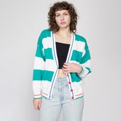 Vintage 80s cotton knit cardigan sweater with a colorful striped pattern, and embossed nautical shapes on the white stripes.  Measurements and Condition: Fits like: Labeled large (women's) Fabric: Cotton knit Brand: Cape Isle Knitters Condition: Excellent Length: 24.5" Chest: 46" Waist: 34" to 37" Shoulders (seam to seam): 24" Sleeve: 18.5" Shown on a 5'8" model with measurements of 35"-26"-38", usually wears a size small to medium. See our FAQ for more info on sizing and condition ratings. Cardigan Vintage, Button Up Sweater, The White Stripes, Pullover Outfit, Striped Cardigan, Vintage Cotton, Knit Sweater Cardigan, Cotton Knit, Jumpers And Cardigans