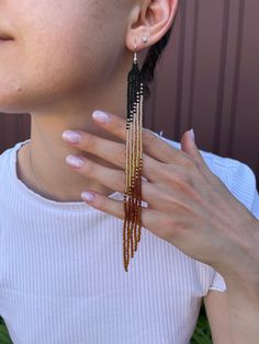 Long Beaded Fringe Earrings, Black Fringe Earrings, Black And Gold Beaded Earrings, Feather Earrings Diy, Gold Earrings Long, Black Gold Earrings, Long Beaded Earrings, Extra Long Earrings, Earth Month