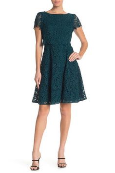 A popover bodice updates a richly embroidered dress in a classic fit-and-flare silhouette that's perfect for parties and events. 38" length Hidden back zip with hook-and-eye closure Jewel neck Short sleeves Lined 100% polyester Dry clean Imported Women's Clothing Satin Ruffle Dress, Zara Short Dress, Cocktail Dress Nordstrom, Embroidered Cocktail Dress, Fit And Flare Cocktail Dress, Lacey Dress, Fit And Flare Skirt, Eliza J, Azure Blue