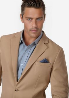 Crafted from one of the most popular chino colors out there, the Astor Camel Cotton blazer is custom-made from durable, high-quality cotton for a polished and refined look. Perfect for professional or semi-formal occasions, it's sure to turn heads! Is this your new go-to? Formal Beige Sport Coat With Suit Collar, Beige Sport Coat With Suit Collar For Formal Occasions, Beige Sport Coat With Suit Collar For Formal Events, Classic Beige Cotton Suit, Tailored Beige Sport Coat For Formal Occasions, Beige Cotton Suits For Workwear, Beige Business Casual Sport Coat With Suit Collar, Business Casual Beige Sport Coat With Suit Collar, Fitted Blazer With Pocket Square And Suit Collar