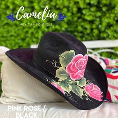 Hand Painted Cowboy Hat - Felt – Camelia Mexican Boutique Boho Hand Painted Hats, Hand Painted Black Hat With Curved Brim, Black Hand Painted Hat With Curved Brim, Black Hand-painted Hat With Curved Brim, Cowboy Hat Decorated, Boho 2024, Historical Dresses Victorian, Cowboy Hats For Women, Straw Hat Crafts