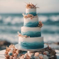 Fancy Wedding Cake Surf Wedding Cake, Sea Glass Wedding Cake, Beach Wedding Cake Ideas, Sea Wedding Cake, Seaside Wedding Cake, Wedding Cake Beach, Ocean Theme Wedding, Ocean Wedding Cake, Beach Wedding Cakes